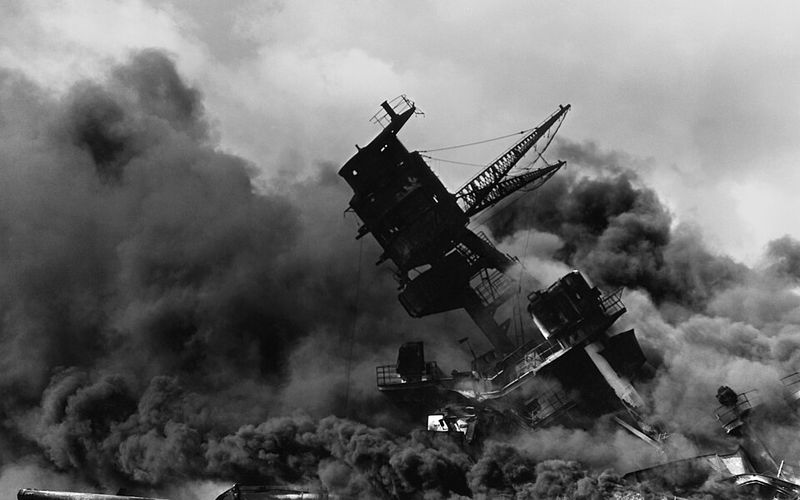 The USS Arizona burning after the attack on Pearl Harbor, December 7, 1941