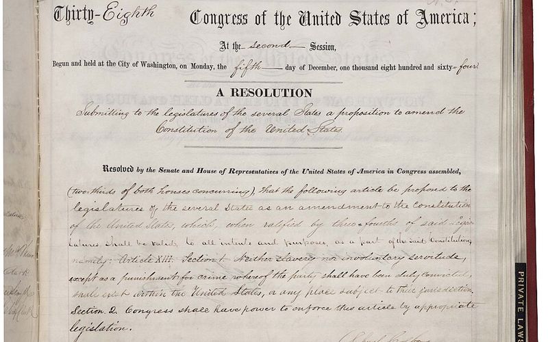 The joint resolution proposing the 13th Amendment, signed by President Lincoln and members of Congress