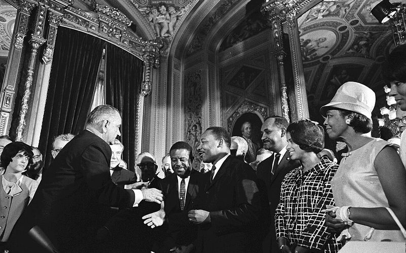 President Johnson and Martin Luther King Jr. at the signing of the Voting Rights Act, August 6, 1965